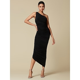 Black Elegant Party/Wedding Guest Ruched Sleeveless One Shoulder Elegant Midi Dress dress to impress 2024 Clothing Shop Online at Dubai Offers