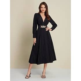 Black Satin Pleated Party/Wedding Guest Deep V Long Sleeve Belted Maxi Dress dress to impress 2024 Clothing Shop Online at Dubai Offers