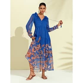 Chiffon Tropical Flowers Puff Sleeve Boho Dress Clothing Shop Online at Dubai Offers