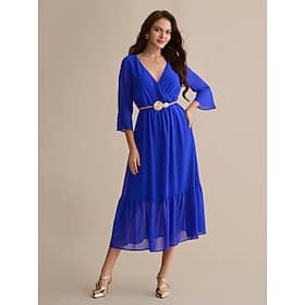 Chiffon Wedding Guest Royal Blue Belted 3/4 Length Sleeve V Neck Midi Dress dress to impress 2024 Casual Dresses Shop Online at Dubai Offers