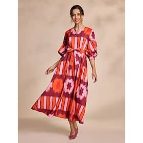 Folk Print Elegant Belted Lantern Sleeve Maxi Dress Clothing Shop Online at Dubai Offers