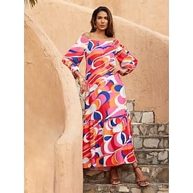 Geometric Curve Off Shoulder Puff Sleeve Dress Clothing Shop Online at Dubai Offers