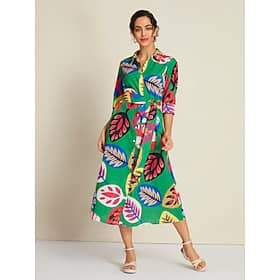 Leaf Collared 3/4 Length Sleeve Midi Shirt Dress Clothing Shop Online at Dubai Offers