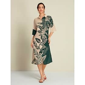 Leaf Print Half Sleeve Midi Shirt Dress Clothing Shop Online at Dubai Offers