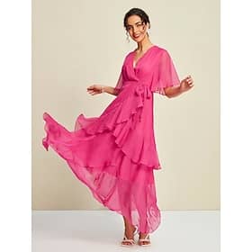 Pink Chiffon Wedding Guest/Party Solid Ruffle Sleeve Elegant Maxi Dress dress to impress 2024 Clothing Shop Online at Dubai Offers