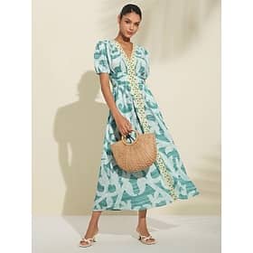 Puff Sleeve V Neck Midi Dress Clothing Shop Online at Dubai Offers