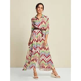 Satin Bohemia Geometric Split Sleeve Shirt Collar Maxi Dress Clothing Shop Online at Dubai Offers