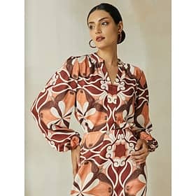 Satin Bohemia Split Neck Lantern Sleeve Blouse Blouses Shop Online at Dubai Offers