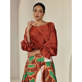 Satin Brown Juliet Puff Sleeve Crew Neck Blouse Blouses Shop Online at Dubai Offers