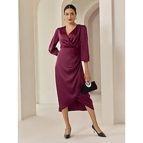 Satin Burgundy Ruched Wrap Lantern Sleeve Party/Wedding Guest Midi Dress dress to impress 2024 Clothing Shop Online at Dubai Offers