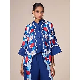 Satin Button Down Vacation Artistic / Retro Printing Standing Collar Shirt Blouses Shop Online at Dubai Offers