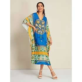 Satin Caftan Bandana Print Raglan Sleeve Midi Dress Clothing Shop Online at Dubai Offers