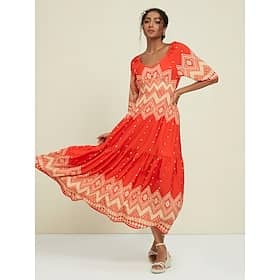 Satin Folk Print Half Sleeve V Neck Maxi Dress Clothing Shop Online at Dubai Offers