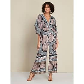 Satin Folk Print Magyar Sleeve Deep V Neck Jumpsuit Clothing Shop Online at Dubai Offers