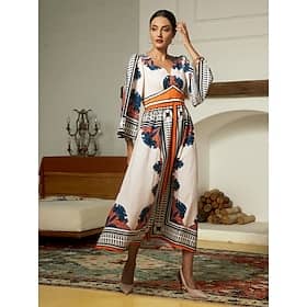 Satin Geometric Bohemia V Neck Maxi Dress Clothing Shop Online at Dubai Offers