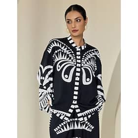 Satin Geometric Flare Cuff Sleeve Black High Neck Shirts Blouses Shop Online at Dubai Offers