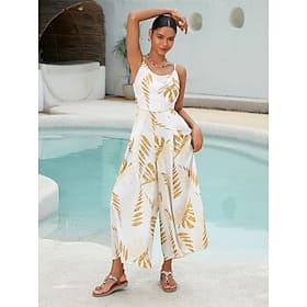 Satin Gold Leaf Print Swing Neck Jumpsuit Clothing Shop Online at Dubai Offers