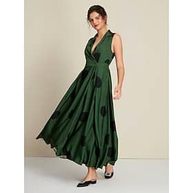 Satin Hem Polka Dot Shirt Collar Sleeveless V Neck Maxi Dress Clothing Shop Online at Dubai Offers