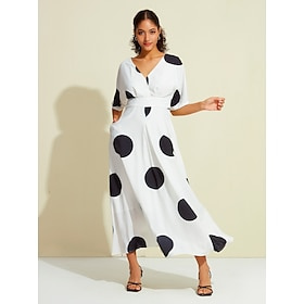 Satin Hem Polka Dot Waistband V Neck Maxi Dress Clothing Shop Online at Dubai Offers