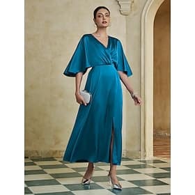 Satin Peacock Blue Ruched Solid Split Hem Maxi Dress Clothing Shop Online at Dubai Offers