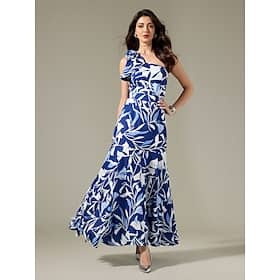 Satin Sleeveless Ruffle Flower One Shoulder Elegant Maxi Dress Clothing Shop Online at Dubai Offers