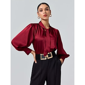 Satin Solid Lantern Sleeve Tie Front Blouse Blouses Shop Online at Dubai Offers