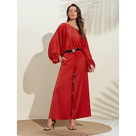 Satin Solid Puff Sleeve Cold Shoulder Culottes Suit Clothing Shop Online at Dubai Offers