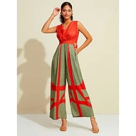 Satin Striped Sleeveless V Neck Jumpsuit Clothing Shop Online at Dubai Offers