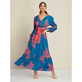 Satin Wedding Guest Intricate Craftsmanship A line Leaf Print Long Sleeve V Neck Maxi Dress Clothing Shop Online at Dubai Offers