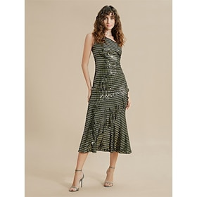 Sequin Stripe Ruffle One Shoulder Midi Dress Clothing Shop Online at Dubai Offers