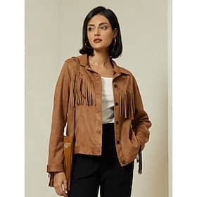 Suede Fringe Hem Crew Neck Jacket Clothing Shop Online at Dubai Offers