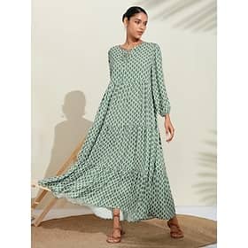 Women’s A Line Dress Hem Maxi Maxi Dress Green Long Sleeve Geometic Geometrical Geometrical Spring V Neck Pattern Dress Simple fashion style Vacation S M L Clothing Shop Online at Dubai Offers