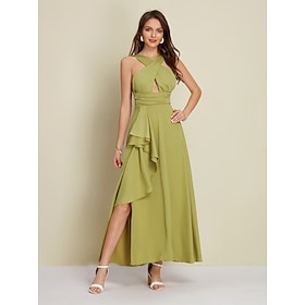 Women’s Army Green Maxi Party/Wedding Guest /Cocktail Dress Satin Green Halter Neck Front Slit Cut-out Asymmetrical Ruffle dress to impress 2024 Clothing Shop Online at Dubai Offers