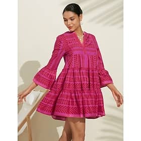 Women’s Casual Dress Summer Dress Pink Dress Pink 3/4-Length Sleeve Geometic Striped Pattern 100% Cotton Ruffle Flounced Loose Spring Summer Spring and Summer Clothing Shop Online at Dubai Offers