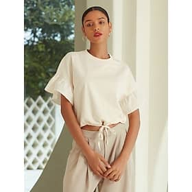 Women’s Cotton Beige Drawstring Drop Shoulder Bell Sleeves Crop Top Blouses Shop Online at Dubai Offers