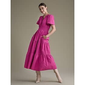 Women’s Cotton Burgundy Puffed Sleeve V Neck Maxi Dress Casual Dress Casual Dresses Shop Online at Dubai Offers