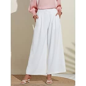 Women’s Essential Trousers White Wide Leg Full Length Elastic Waist Clothing Shop Online at Dubai Offers