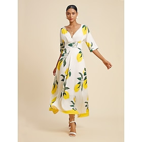 Women’s Hem Maxi Satin Maxi Maxi Dress Yellow Half Sleeve Fruit Print Spring and Summer V Neck Dresses Vacation S M L Clothing Shop Online at Dubai Offers