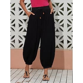 Women’s Linen Black Loose Pleated Adjustable Drawstring Dhoti Pants with Pockets Clothing Shop Online at Dubai Offers