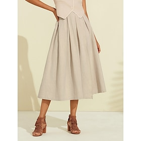 Women’s Linen Blend Khaki Box Pleated Midi Skirt Clothing Shop Online at Dubai Offers