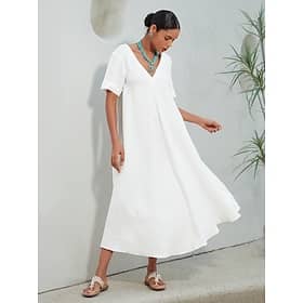 Women’s Linen Blend White V Neck A Line Maxi Dress Casual Dresses Shop Online at Dubai Offers