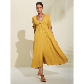 Women’s Linen Blend Yellow Bow Detail Midi Tea Dress Casual Dresses Shop Online at Dubai Offers