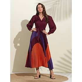 Women’s Satin Dress Hem Maxi Purple Long Sleeve Geometic Button Tie Belt Spring V Neck Maxi Dress S M L Clothing Shop Online at Dubai Offers