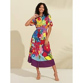 Women’s Shirt Dress Print Dress Midi Dress Rainbow Half Sleeve Flower / Plants Printing With Belt Summer Shirt Collar Pattern Dress S M L Clothing Shop Online at Dubai Offers