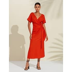 Women’s Tencel Linen Orange Red V Neck Shirred Wrap Midi Dress Clothing Shop Online at Dubai Offers