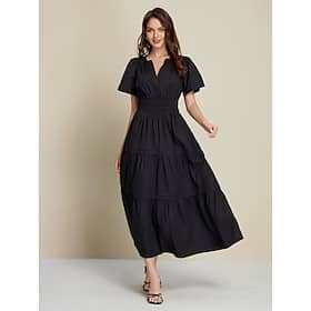 Women’s Wedding Guest Black Dress Cotton Maxi Dress Essential Casual V-Neck Cinched Waist Shirred Layered Dress Casual Dresses Shop Online at Dubai Offers