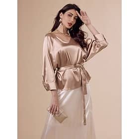 Satin Gold Belted V Neck Elegant Blouse Blouses Shop Online at Dubai Offers