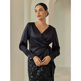 Satin Lantern Sleeve Black Elegant V Neck Blouse Blouses Shop Online at Dubai Offers