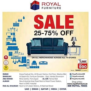 Royal Furniture 25%-75% OFF SALE Al Ghurair Centre Shop Online at Dubai Offers