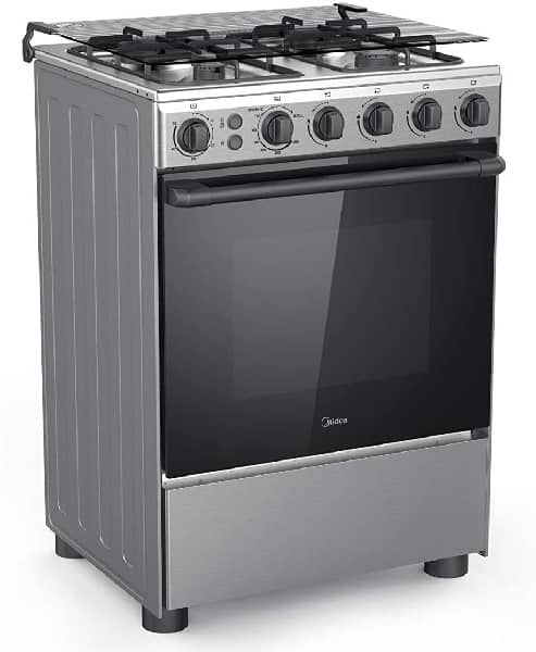 Midea 60x60cm Freestanding Gas Cooker | 4 Burners | Automatic Ignition & Safety | Cast Iron Pan Support | Stainless Steel Finish | Separate Knob fo...